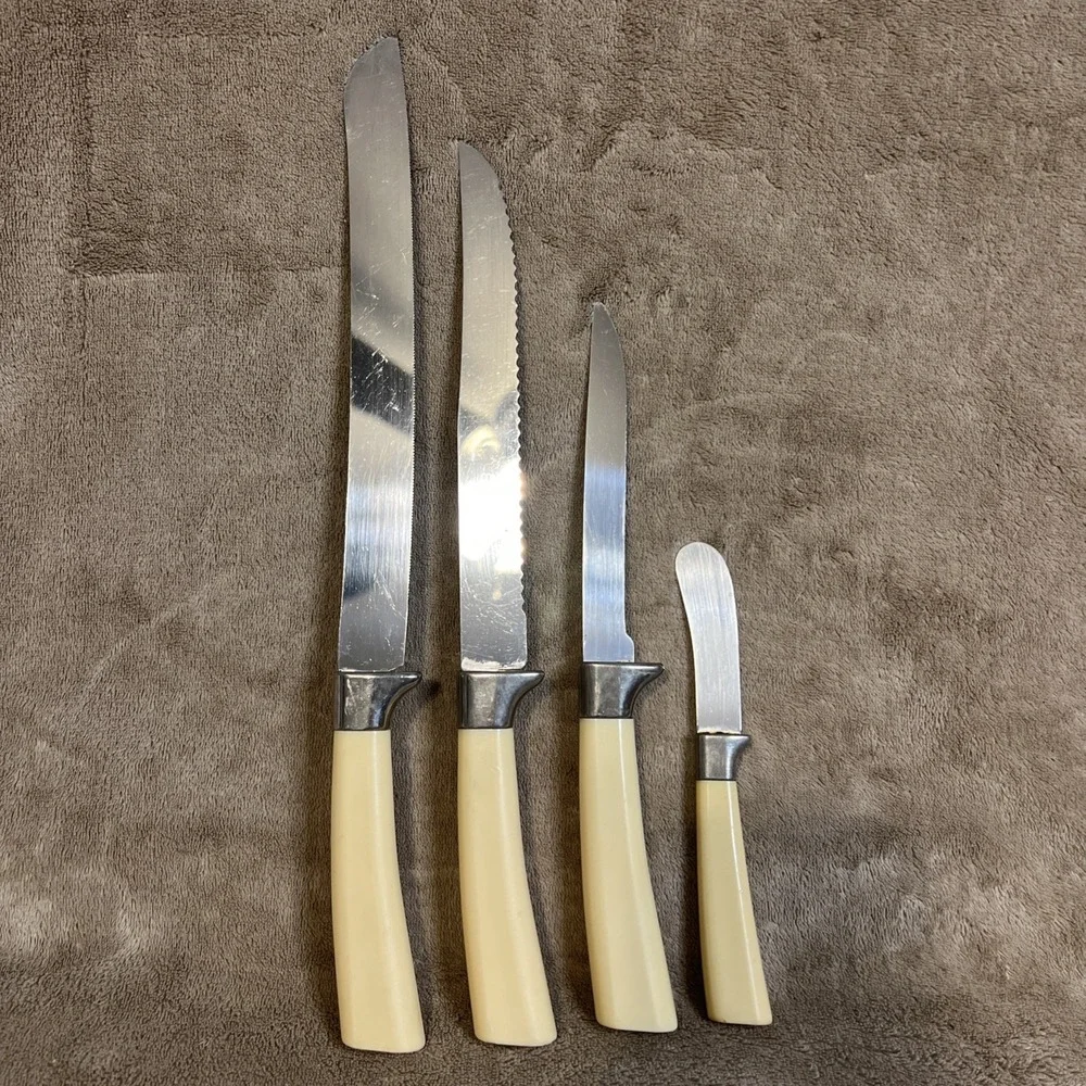 Vintage 4pc Regent Sheffield England Stainless Steel Knife Set Cream Handles MCM